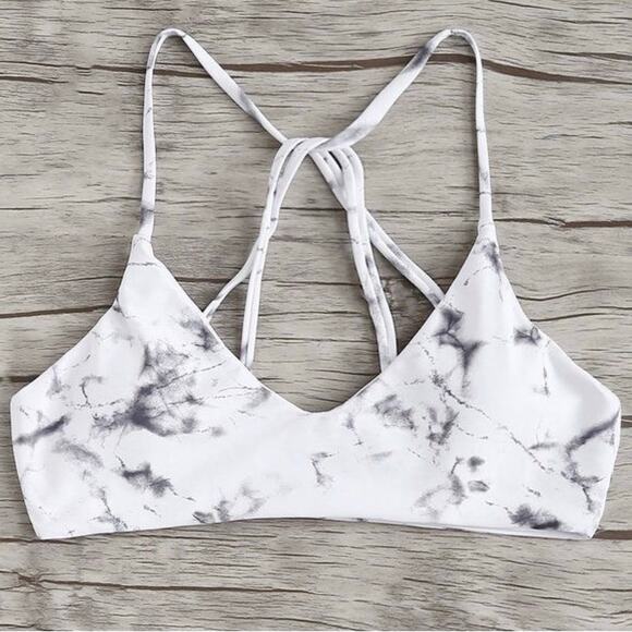 Bikini Top S Marble Print Criss Cross Strappy Back Sporty Padded Swimwear Sexy - Picture 2 of 6
